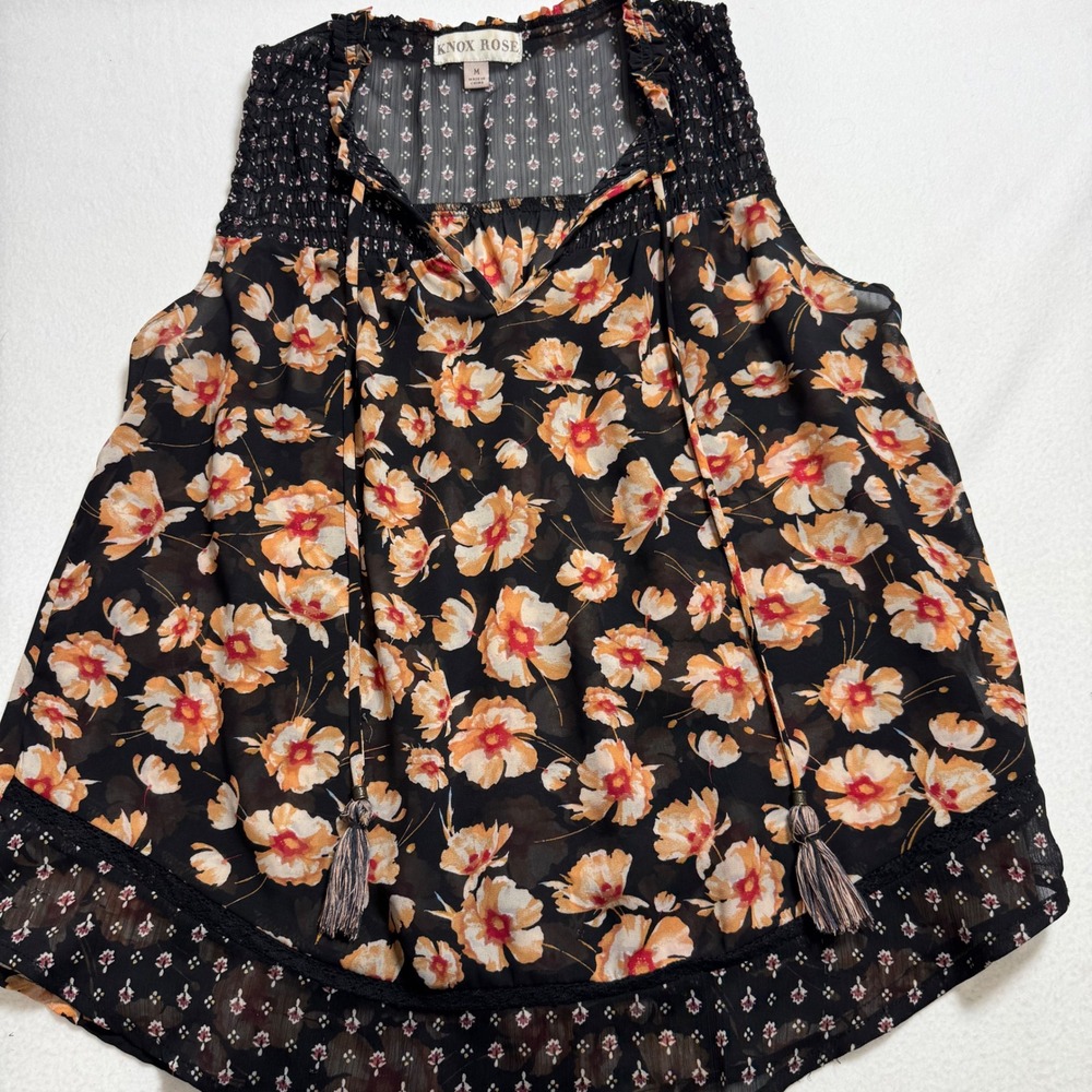 Knox Rose Floral Sleeveless Blouse Size M Black Orange Boho Tassel Smocked Top